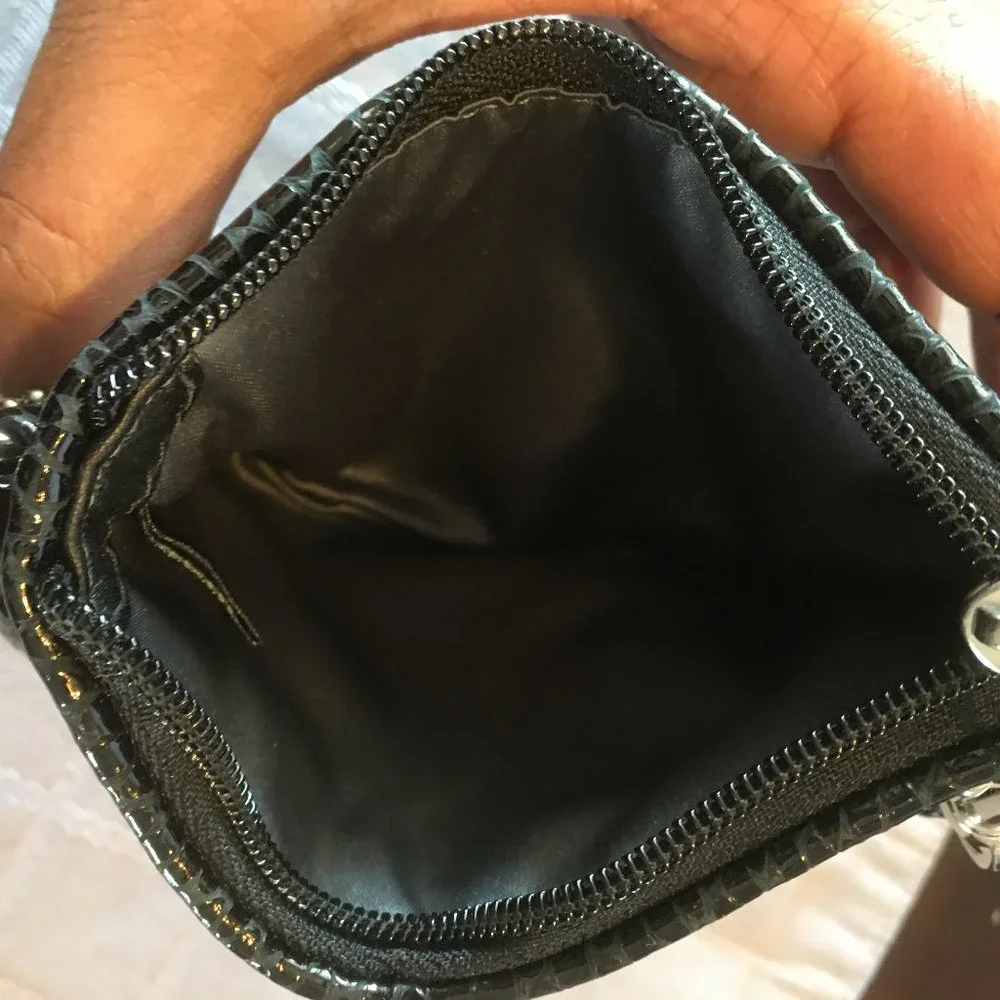 Coach Vintage Black Ruched Sateen Zip Wristlet with Patent Leather Trim